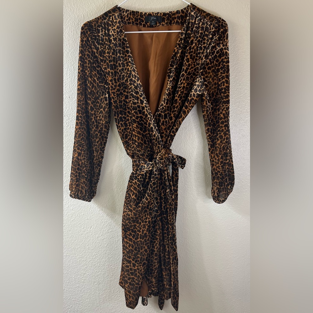 J Crew Crushed Velvet Lined 3/4 Sleeve Leopard Print Wrap Dress Size 0